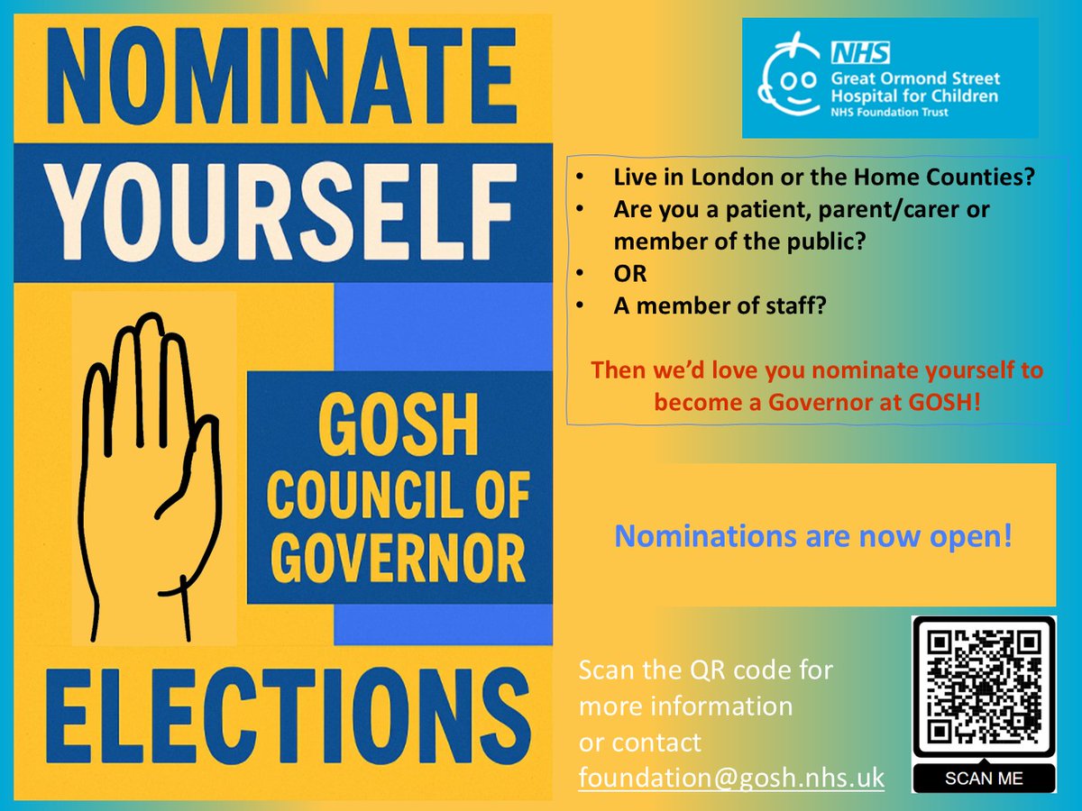 GoshMembership's tweet photo. 🗳️ Nominations open today!
Public, patient, carer and staff members are invited to stand for election to the Council of Governors. Induction and ongoing development will be provided.
https://t.co/QeEpBdPtWn https://t.co/unkFeSd1Zo
