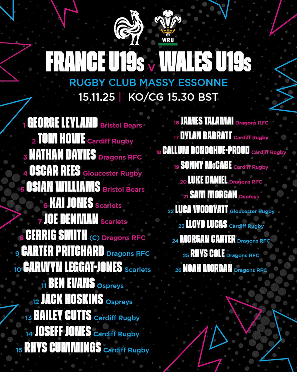 WelshRugbyUnion's tweet image. 🚨 𝗧î𝗺 𝗖𝘆𝗺𝗿𝘂 𝗼 𝗱𝗮𝗻 𝟭𝟵 🏴󠁧󠁢󠁷󠁬󠁳󠁿

Dragons back row Cerrig Smith will captain Wales U19 in Saturday’s international against France at Rugby Club Massy Essonne (KO 3.30pm). 🔥👇

▶️ wru.wales/2025/11/wales-…

#CymruAmByth