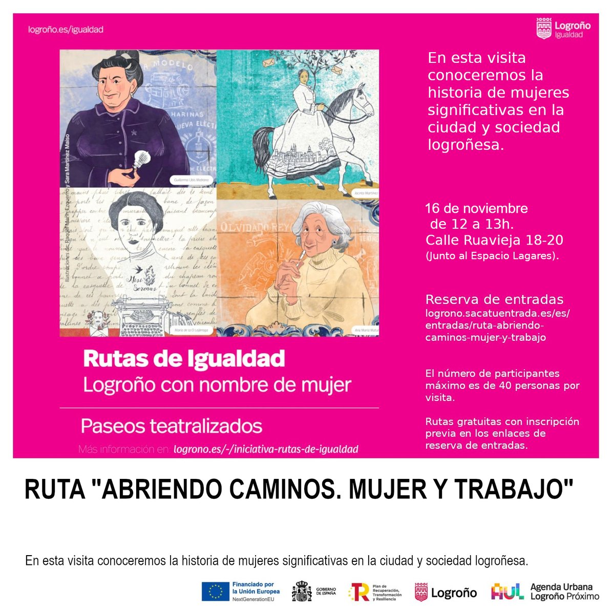 logronoproximo's tweet image. RUTA &quot;ABRIENDO CAMINOS. MUJER Y TRABAJO&quot;  
📅 16 de noviembre
⏰de 12 a 13h.
❗ Calle Ruavieja 18-20 (Junto al Espacio Lagares)

logrono.sacatuentrada.es #ods #cultura #vinculos #igualdad #turismo

#ods #cultura #vinculos