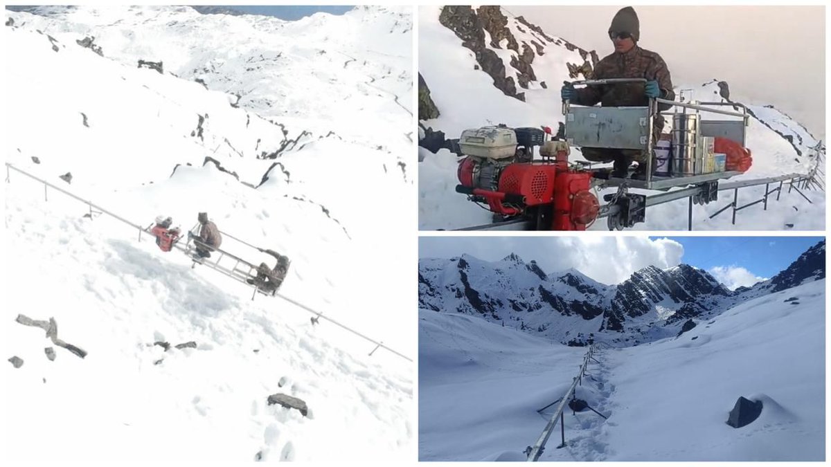 saurabh1531's tweet image. At 16,000 ft in the harsh Kameng Himalayas, #IndianArmy&apos;s Gajraj Corps has built and deployed an indigenous High Altitude Mono Rail System, carrying 300+ kg per run in any weather.