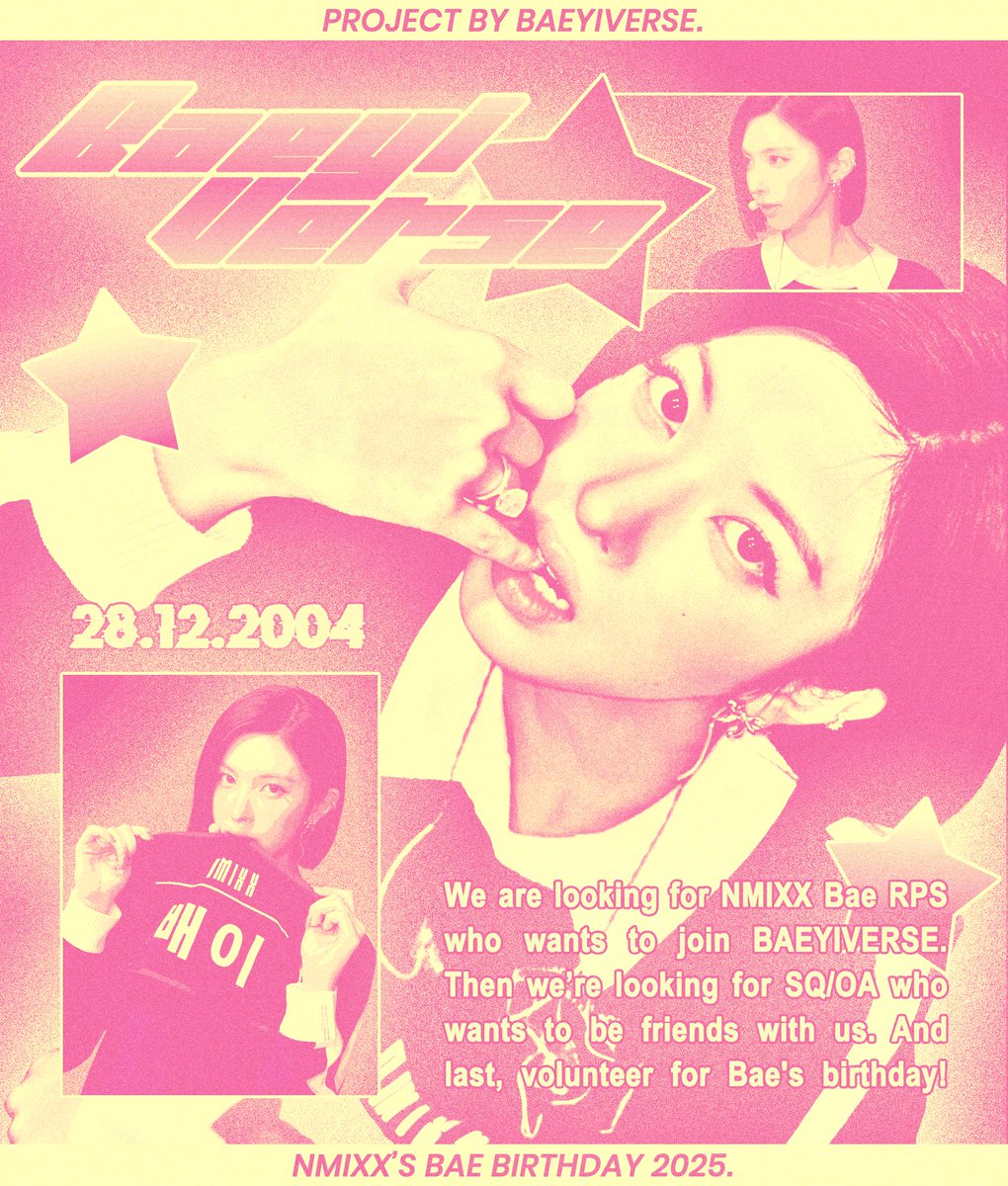 Your fave universe, BAEYIVERSE calling all the inhabitants to come..💬 We’re looking for NMIXX’s BAE rps to celebrate our birthday, SQ/OA who want to be friends with us — Lastly, volunteers who are ready to join the celebration on December 28, 2025: bit.ly/3WXp0Lj ❃.