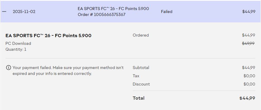 I'd tried to bought fc points at 11/2/25 from <a href="/EA/">Electronic Arts</a> and it failed for what reason i don't know, probably from kast system cuz i didn't had fail with other methods never. anyway, <a href="/KASTxyz/">KAST</a> said merchant need to action and they credit my account after it. <a href="/EAHelp/">EA Help</a> says they didn't get