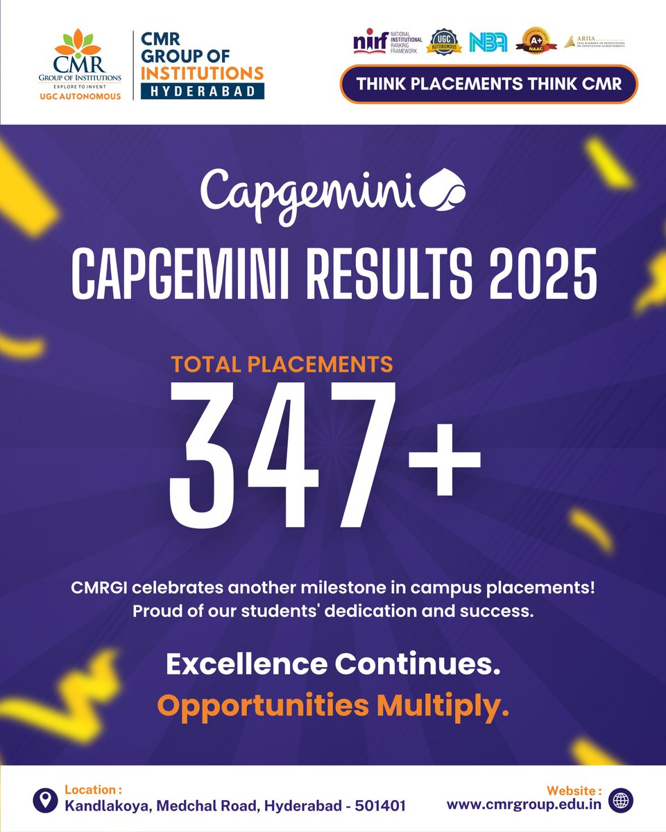 💼 CAPGEMINI RESULTS 2025 | TOTAL PLACEMENTS: 347 🎉
Another proud moment for CMR Group of Institutions!

Our talented students continue to prove their excellence with 347+ Capgemini placements, marking yet another remarkable milestone in campus hiring. 🌟

 #CMRPlacements #cmrgi