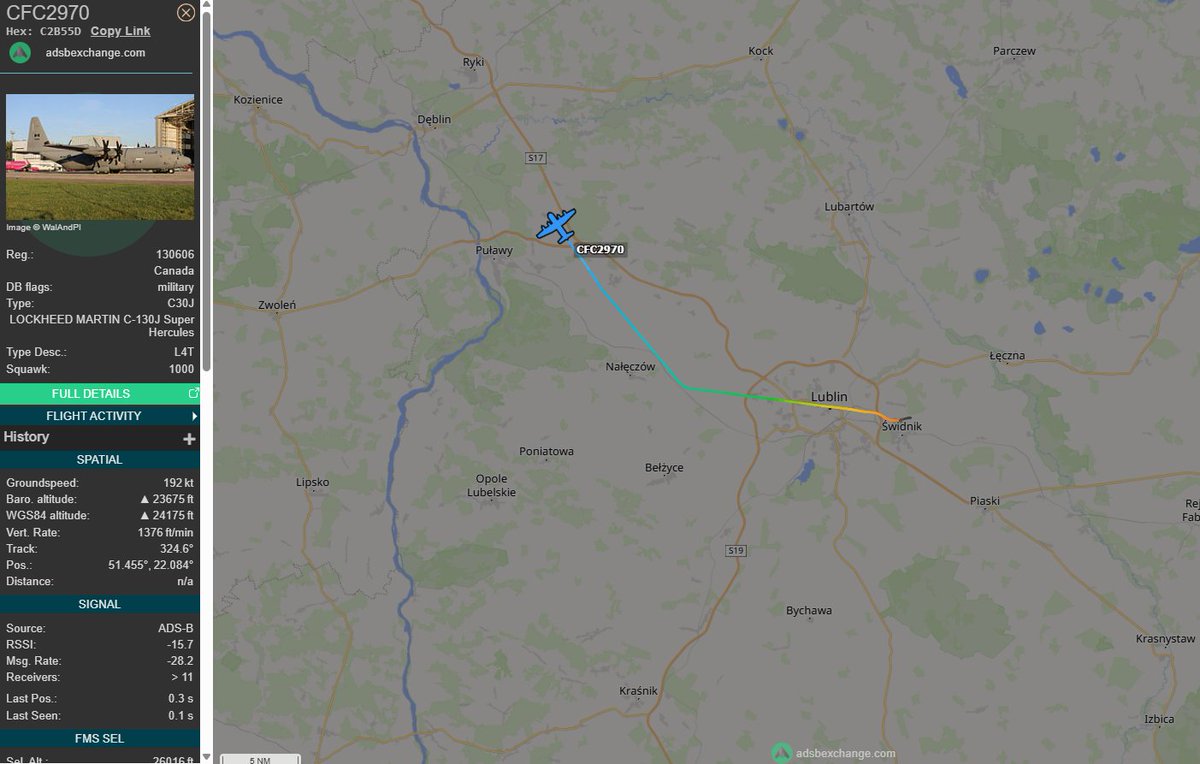 PolishMilRadar's tweet photo. 📅 14.11 ⌚️ 12:12LT - 🇨🇦✈️ CC-130J odleciał z Lublina
Z Lublina #EPLB 🇵🇱 wystartował ✈️ #CFC2970 Lockheed Martin CC-130J Super Hercules "130606" Królewskich Kanadyjskich Sił Powietrznych #RCAF 🇨🇦, który wraca do Bazy Lotniczej Uppsala #ESCM 🇸🇪.
🔗https://t.co/YKeIcsBiqa
#POLMILRADAR