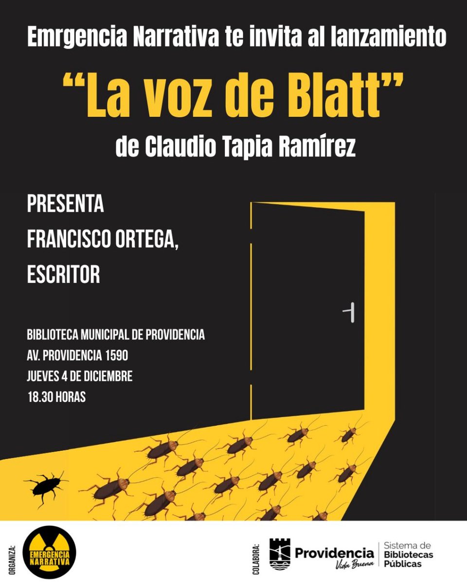 El jueves 4 de diciembre, a las 18:30 hrs., en la Biblioteca Municipal de Providencia, se realizará el lanzamiento de La Voz de Blatt. Mi nueva novela es editada por <a href="/EmergenciaNarr/">Emergencia Narrativa</a> y ese día será presentada por el destacado escritor <a href="/efeortega/">Francisco Ortega</a>. Los espero.