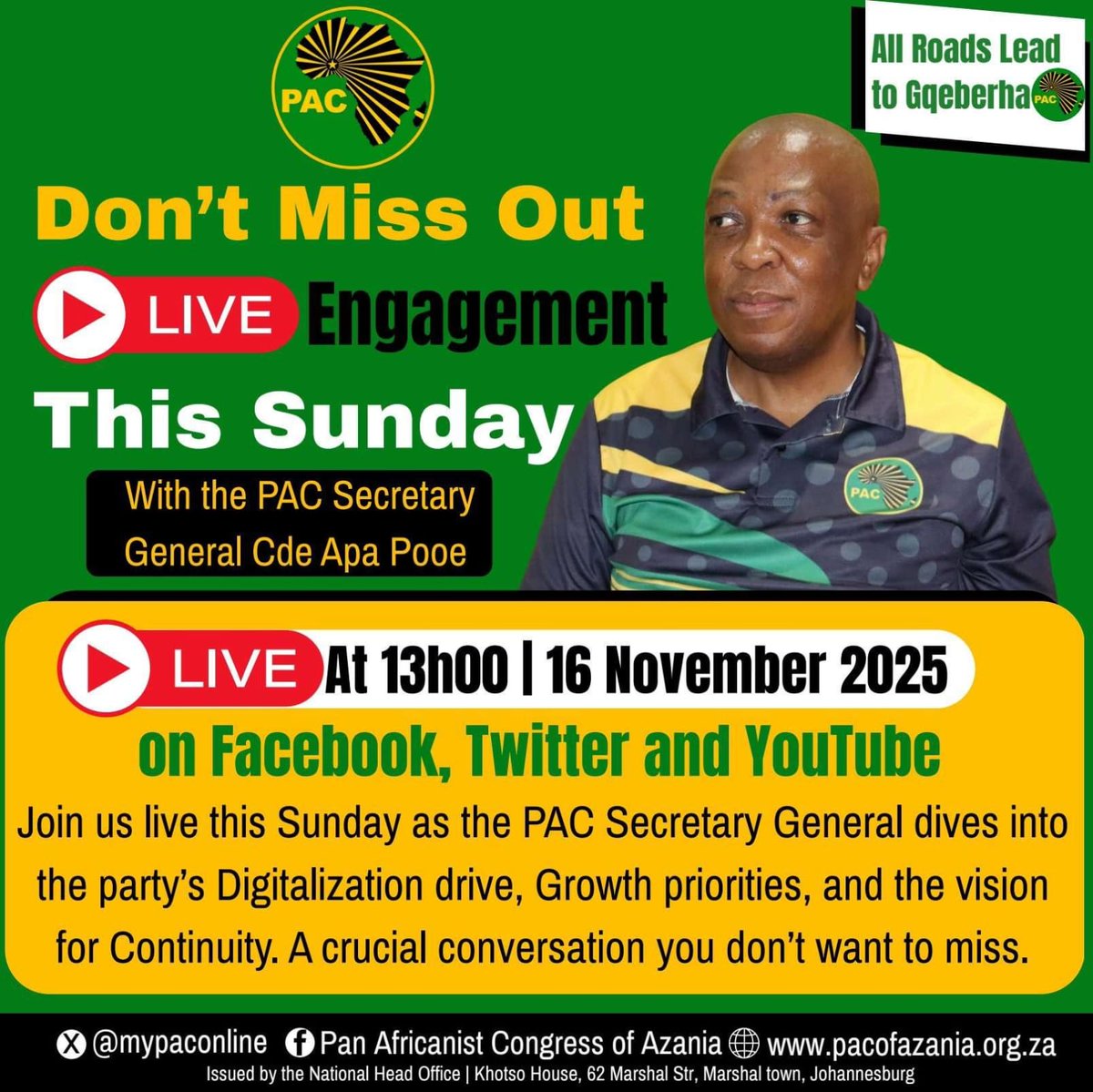 MyPAConline's tweet photo. A Defining Sunday Awaits! 💥 Join the PAC Secretary General, Cde Apa Pooe, this Sunday for a historic live engagement! 📺 a reflection on PAC's achievements, governance, and the path to unity, growth and continuity ahead of the National Congress.
Be part of this moment live on Facebook, YouTube, and Twitter (X)!
#PACLive #PACForGrowth #UnityContinuity