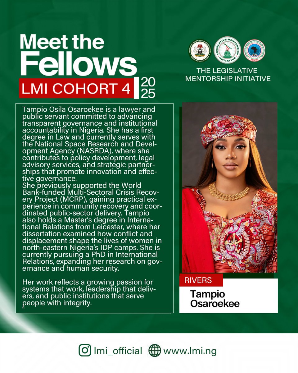 Officiallmi_Ng's tweet photo. Meet the FITs for the Legislative Mentorship Initiative, Cohort 4.
Ummhayman Abdulwasii - Oyo
Keran Danjan - Plateau
Maria Okese - Rivers
Tampio Osaroekee- Rivers
#LMI #CoSPAL #Cohort4 #LeadershipInAction #NationBuilding #FutureLeaders #GbajaFellows https://t.co/jsd41bpKEU