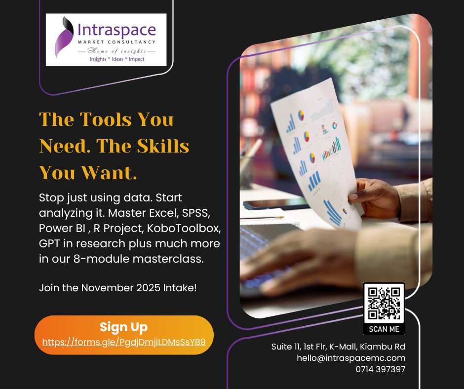 intraspacemc's tweet image. Move beyond data use; master data analysis.
Excel • SPSS • Power BI • R • Kobo • GPT in Research • + more.
8-module Masterclass, registration is still going on.

Register today: forms.gle/PgdjDmjiLDMsSs…

#DataAnalytics #IMCMasterclass #WeAreIMC