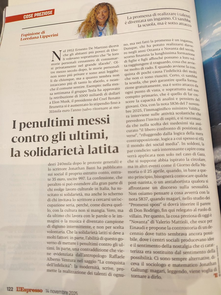E nel frattempo, la cosa preziosa di oggi su <a href="/espressonline/">L'Espresso</a> è Novanta di Valerio Mattioli. Per capire e magari reimmaginare. Ma novanta potrebbe essere anche il numero delle circolari che Valditara emanerà da qui a Natale. Vai a sapere.