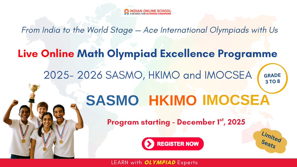 Indianonlinesc1's tweet image. 📢 International Math Olympiad Programme starts 1 Dec 2025!

Prepare for SASMO, HKIMO &amp;amp; IMOCSEA with expert mentor demo videos, strong fundamentals &amp;amp; Olympiad-level problem solving.

📝 Register now: indianonlineschool.com/registration-f…

#MathOlympiad #SASMO #HKIMO #IMOCSEA