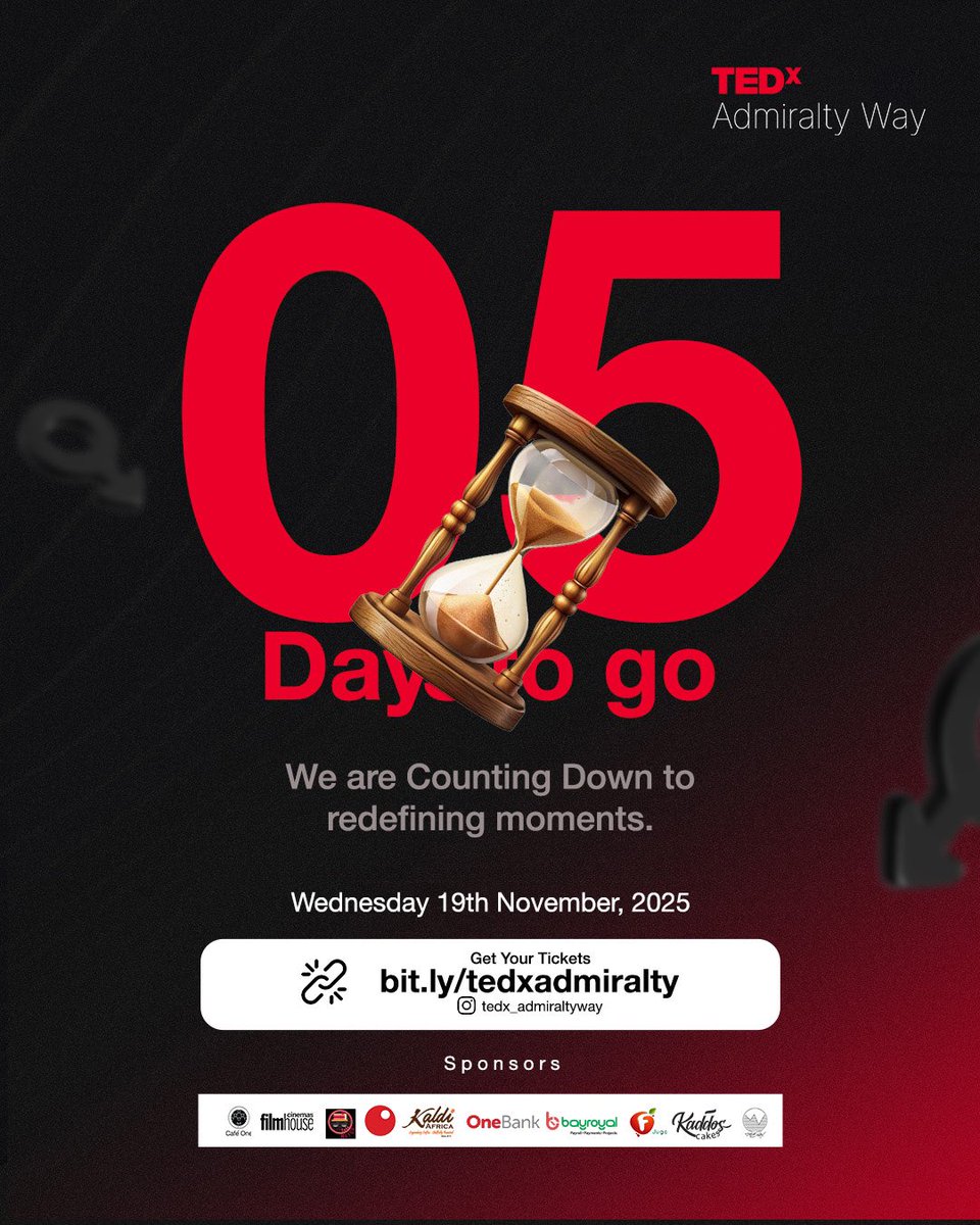 The countdown continues!!

TEDx Admiralty Way happens on November 19th, 2025
so mark your calendars and don't forget to get your tickets via the link in our bio (tix.africa/tedxadmiraltyw…)

#TEDxAdmiraltyWay