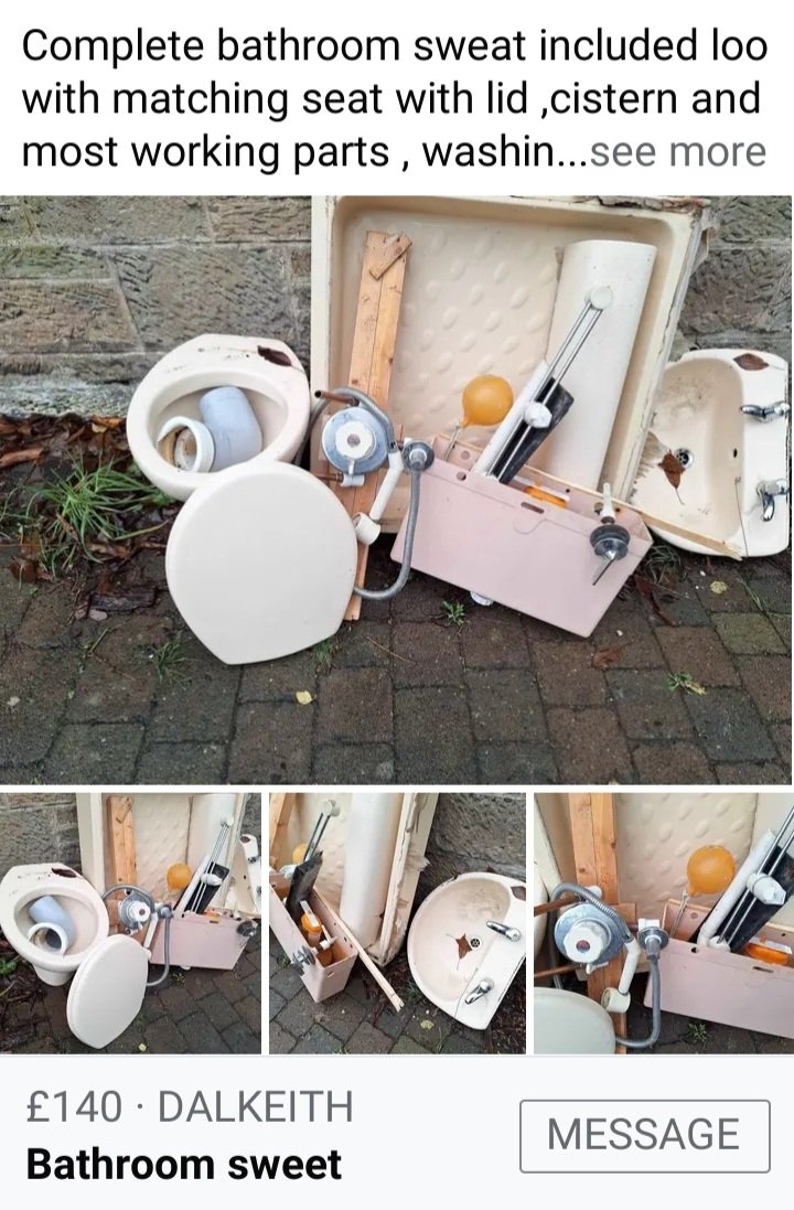 inthestair333's tweet image. If you&apos;re in the Dalkeith area, Ivor is selling his old bathroom fittings, on FB, replete with what he&apos;s, charitably, calling &apos;sweat&apos;.  Collection only.  #norefunds #sweat #sweet ? #ohfuckit