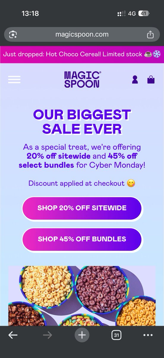 A separate landing page for BFCM is underrated af

Just whip one up with your main offers and send your non-product-specific ads/emails to it

Makes it much easier for the customer to make a purchase

(Example from last year's Magic Spoon BFCM page)