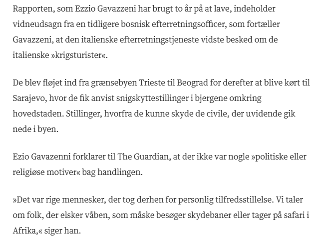 Jeg sidder og får fysisk kvalme mens jeg læser disse linjer.
Rige italienere tog på menneskesafari i Bosnien og betalte for at skyde mænd, kvinder og børn.
berlingske.dk/internationalt…