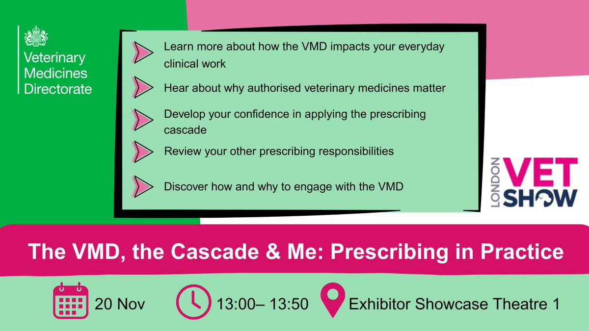 🗣 Vets at #LondonVetShow 2025 — don’t miss the VMD’s showcase talk!

“The VMD, the cascade and me: Prescribing in practice”

🕐20 Nov 1pm | Exhibitor Showcase Theatre 1

 💬VMD staff also at stand Q75 both days, including our AMR experts to discuss all things AMR surveillance.