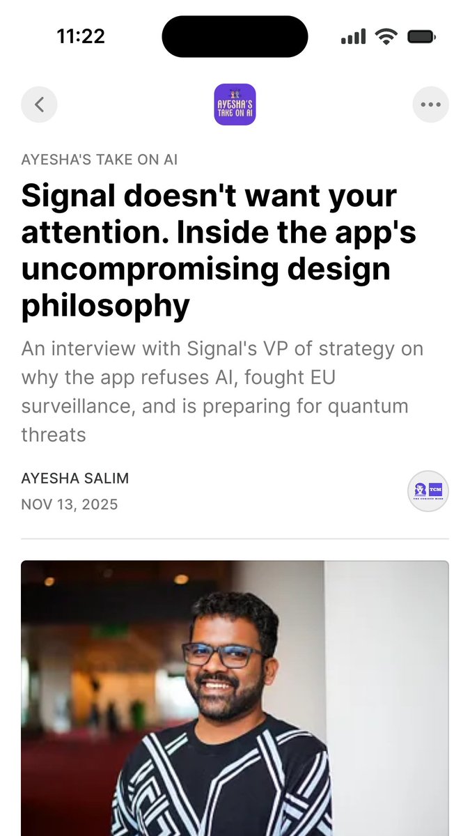 Follow-up to my <a href="/mozillafestival/">Mozilla Festival</a> coverage, my full interview with Signal's VP on why they refuse AI features, threatened to leave Europe over Chat Control and many other topics:
ayeshastakeonai.substack.com/p/signal-doesn…
<a href="/signalapp/">Signal</a> <a href="/udbhav_tiwari/">Udbhav Tiwari</a>