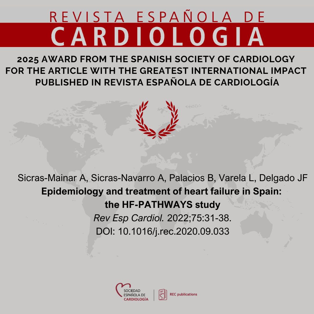 RevEspCardiol's tweet image. 🏆 Premio SEC 2025 al artículo original de #REC con mayor repercusión internacional 🏆

Epidemiology and treatment of heart failure in Spain: the HF-PATHWAYS study. Antoni Sicras-Mainar, Aram Sicras-Navarro, Beatriz Palacios, Luis Varela y Juan F. Delgado. Rev Esp Cardiol.…