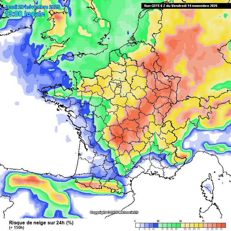 Probabilité de #neige selon l'ensembliste GEFS (6z) en #France à J+6