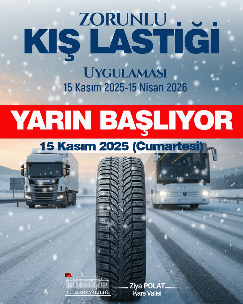 Kıymetli Vatandaşlarımız; 

❄️ Zorunlu kış lastiği uygulaması 15 Kasım 2025 Cumartesi günü (yarın) başlıyor.  

⚠️ 15 Kasım-15 Nisan tarihleri arasında uygulanacak olan dönemde vatandaşlarımızın daha dikkatli olmalarını, trafik güvenliği için alınan tedbirlere titizlikle