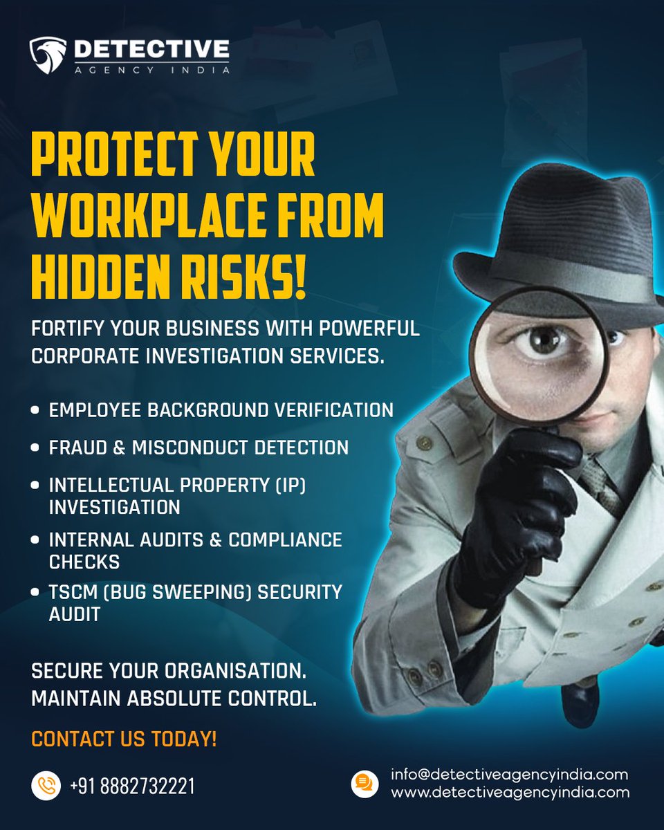 DIndia47737's tweet image. 🛡️ Protect Your Workplace From Hidden Risks.

Strengthen your #organisation with expert #corporateinvestigations: background checks, fraud detection, IP investigation, compliance audits &amp;amp; TSCM.

#Secure your #business today.
📞 +91 88827 32221 |🌐 detectiveagencyindia.com