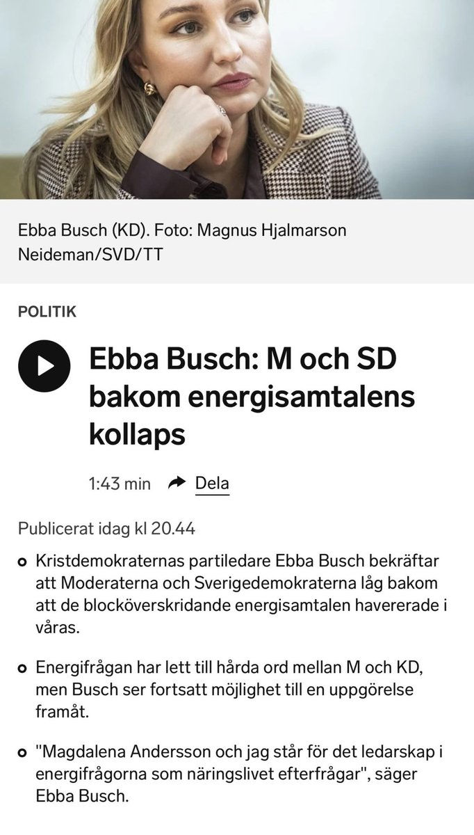 Ebba Busch och KD erkänner att det är M och SD som inte vill ha en energiuppgörelse.

När investeringar pausas, priserna höjs och näringslivet skriker efter en energiuppgörelse -- kom ihåg vilka som säger nej:

Det är M och SD:s fel när det händer.