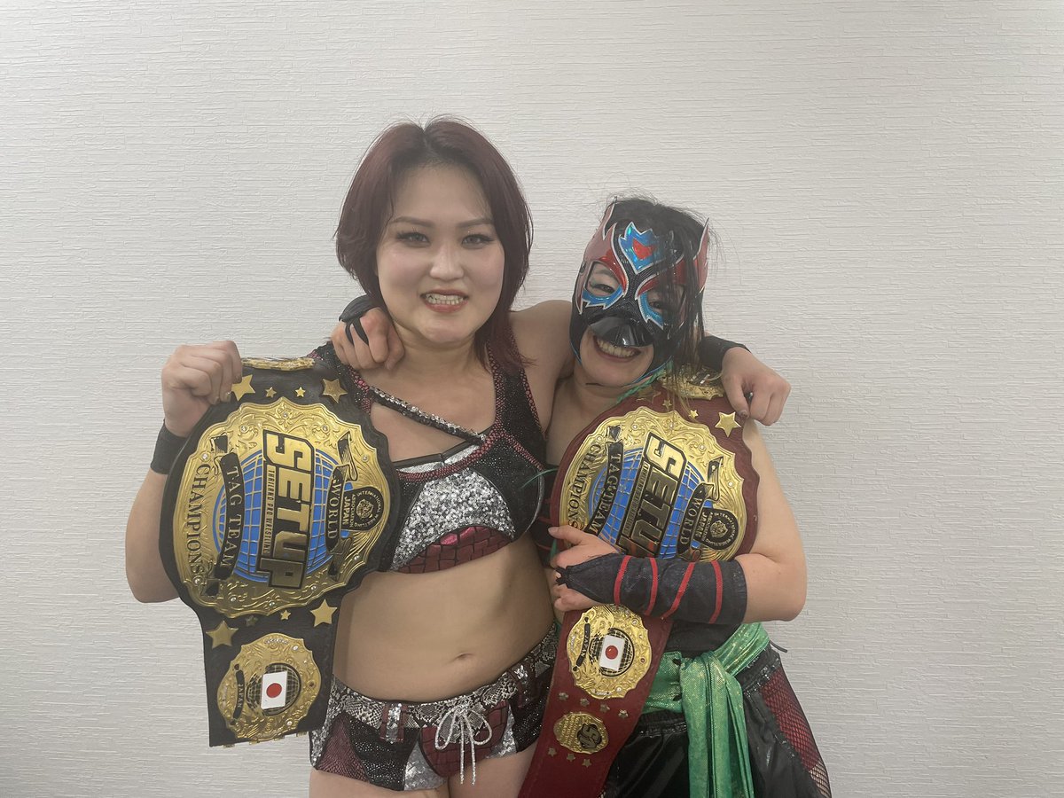 tjpw2013's tweet photo. 【本日の速報】
TOKYO SQUARE in Itabashiで開催された『A NEW DAWN』で、山下実優&鳥喰かやがIWA JAPAN SETUP世界タッグ王者となりました。鳥喰はデビュー4年半で初のベルトです。
SETUP認定オールアジア女子王座に挑戦した原宿ぽむは惜しくも敗れベルト奪取ならず…。
#setupth #tjpw https://t.co/5gW2h7qKTx