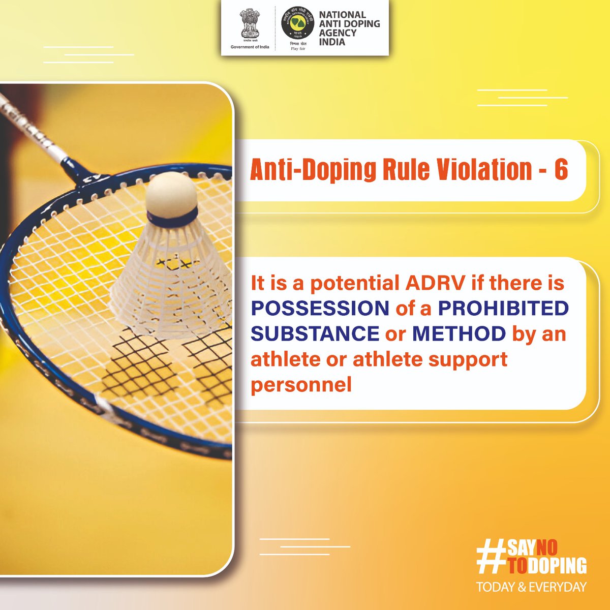 POSSESSION IS A VIOLATION, STAY CLEAN!
Having any prohibited substance or method in your possession whether you're an athlete or support personnel can lead to a serious Anti-Doping Rule Violation (ADRV).
Stay aware. Stay responsible. Protect the integrity of sport.

For more