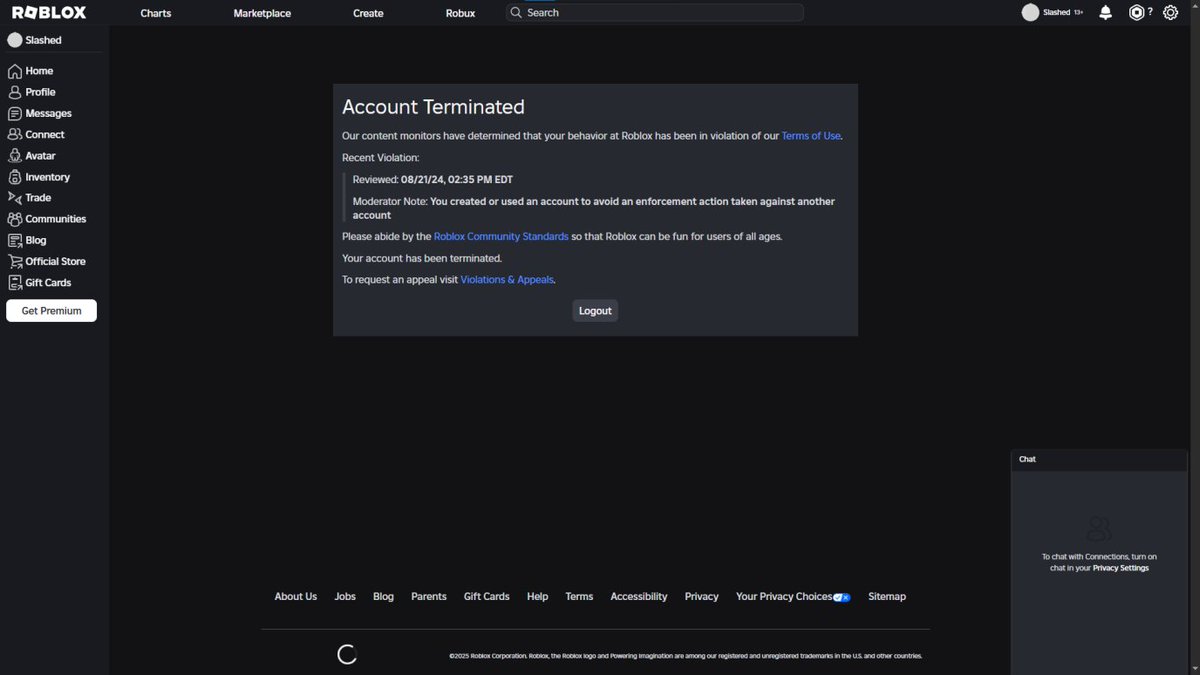 SlashedPort's tweet photo. My Roblox account was falsely terminated out of the blue hours ago for "avoiding an enforcement action" from LAST YEAR. I have been on this platform for nearly a decade and I have not crossed Roblox's Community Standards to any extent or evaded any ban. @Roblox @robloxdevrel https://t.co/lpqpdIVLLi