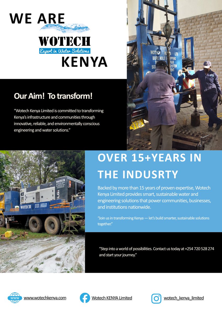WotechKenya's tweet photo. Reliable Water Solutions for a Sustainable Future
From water treatment systems to borehole services and quality equipment—  Wotech Kenya Limited delivers technology you can trust.
#WotechKenya #WaterSolutionsKE #CleanWaterKenya #WaterTechnology #BoreholeServices #KenyaBusiness https://t.co/lsdrInVJSD