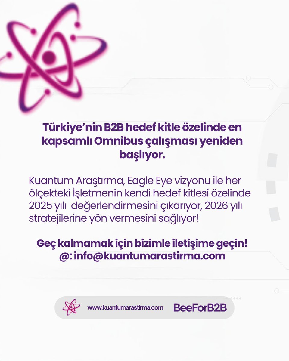 Hedef kitleni tanı, stratejini güçlendir:B2B Omnibus başlıyor! Detaylı bilgi için bize ulaşın!
 @: info@kuantumarastirma.com

 #B2B #omnibus #research #marketing #strateji