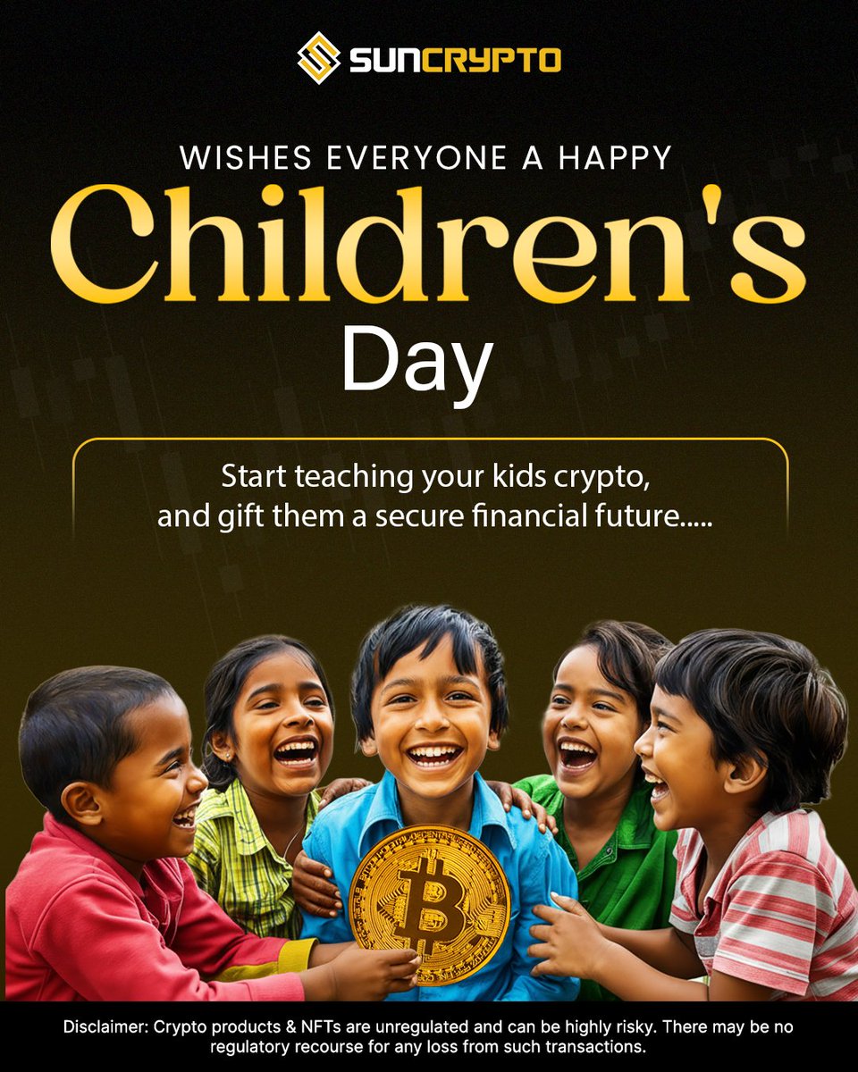suncryptoin's tweet image. Kids learn fast—so let’s teach them what truly matters.

This Children’s Day, start teaching your kids about crypto and gift them financial confidence that lasts a lifetime.

#HappyChildrensDay #CryptoLearning #InvestSmart #FutureInvestors #DigitalIndia #GrowWithCrypto…