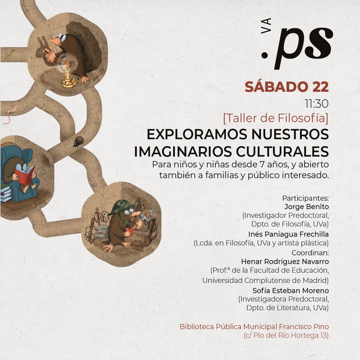 VPiensa's tweet photo. ¡𝕋𝔸𝕃𝕃𝔼ℝ 𝔻𝔼 𝔽𝕀𝕃𝕆𝕊𝕆𝔽Í𝔸!
EXPLORAMOS NUESTROS IMAGINARIOS CULTURALES

🗓Sábado 22 de noviembre
🕛11:30
📍Biblioteca Francisco Pino

𝗖𝗼𝗼𝗿𝗱𝗶𝗻𝗮𝗱𝗼𝗿𝗲𝘀:
Henar Rodríguez Navarro
Sofía Esteban Moreno

𝗣𝗮𝗿𝘁𝗶𝗰𝗶𝗽𝗮𝗻𝘁𝗲𝘀:
Jorge Benito
Inés Paniagua https://t.co/unmnBOurBD