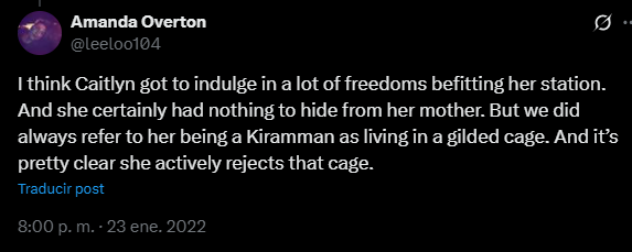 Tu_Cerebro's tweet image. Brad doesn&apos;t mention it, but the fact that they chose a bird call instead of,Idk, the sound of a mongoose is quite curious.
Knowing that Amanda mentions a gilded cage.
I like to think now that she uses her rifle as the only thing that gives her freedom and her bullets is her call