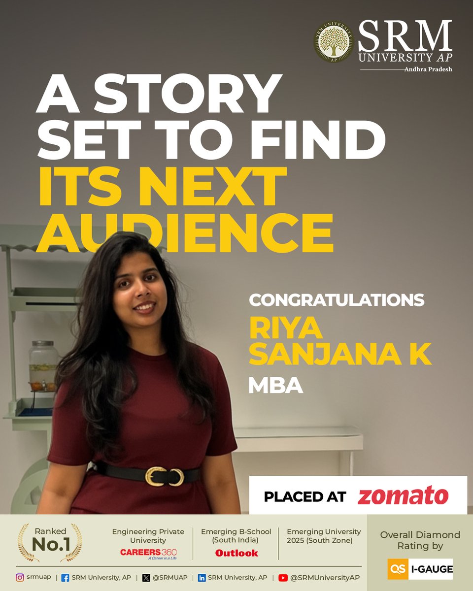 SRMUAP's tweet image. A story of hard work, dedication, and now, achievement. Thrilled to see Riva Sanjana K&apos;s story find its next stage at Zomato!

#SRMAP #SRMUniversity #SRMAmaravati #Zomato #Placement #CollegePlacement