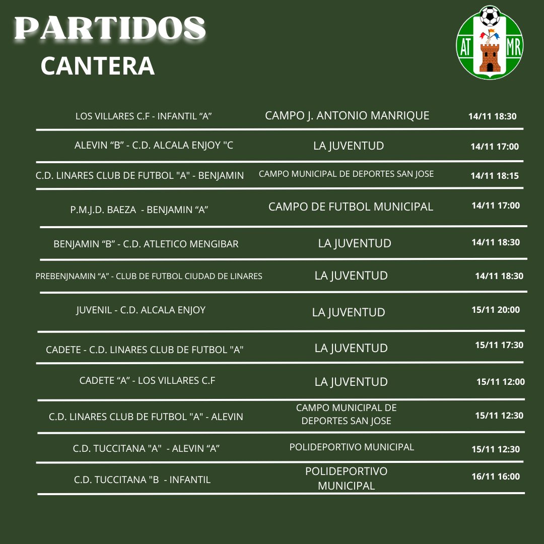 ℂ𝔸ℕ𝕋𝔼ℝ𝔸 𝕍𝔼ℝ𝔻𝔼

PARTIDOS DE NUESTRA CANTERA PARA ESTE FIN DE SEMANA💚⚽️

#CanteraVerde 👫

#somosmanchareal💚💜