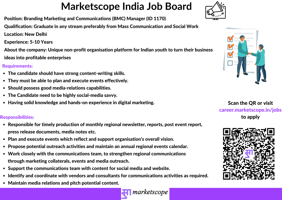 Marketscope_IND's tweet image. Job Alert !!!
We are currently looking for candidates for a BRANDING MARKETING AND COMMUNICATIONS (BMC) MANAGER for Unique non-profit organisation platform for Indian youth to turn their business ideas into profitable enterprises

Experience: 5-10 Years
Location: New Delhi

To…