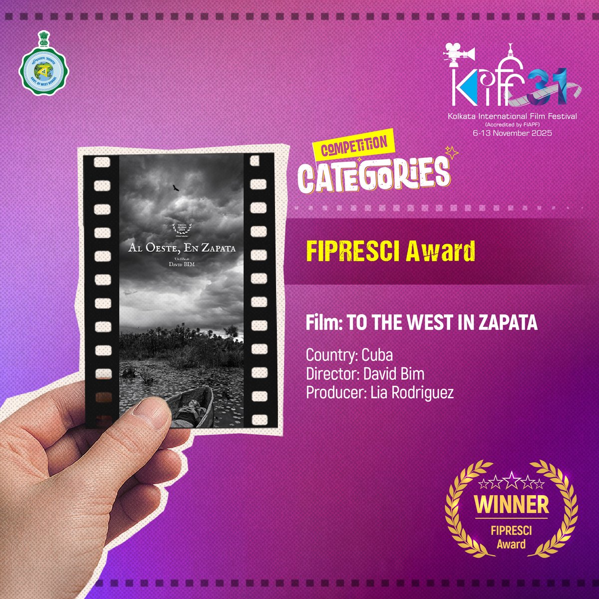 The FIPRESCI Award goes to To The West in Zapata, marking a strong critical endorsement of David Bim’s craft and Lia Rodriguez’s production vision. A film that stood out to critics and jury alike.

#KIFF2025 #31KIFF #KIFF #KolkataInternationalFilmFestival #FilmFestival #Bengal