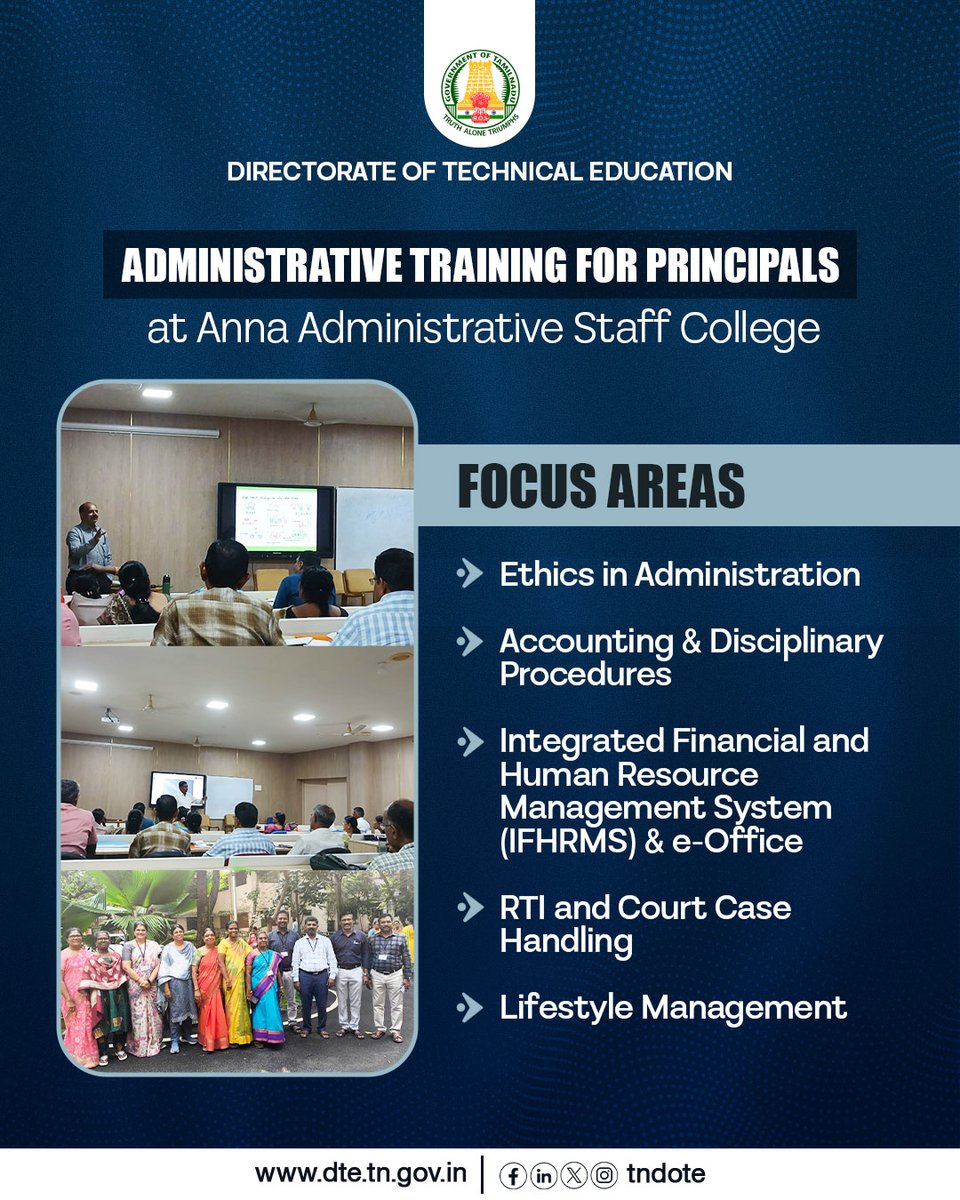 TNDOTE's tweet image. Strengthening Leadership in Polytechnic Education 

The Directorate of Technical Education (DoTE) successfully organized a comprehensive Training Programme on Administration &amp;amp; Management for the Principals of Government Polytechnic Colleges..

#DoTE #PolytechnicEducation