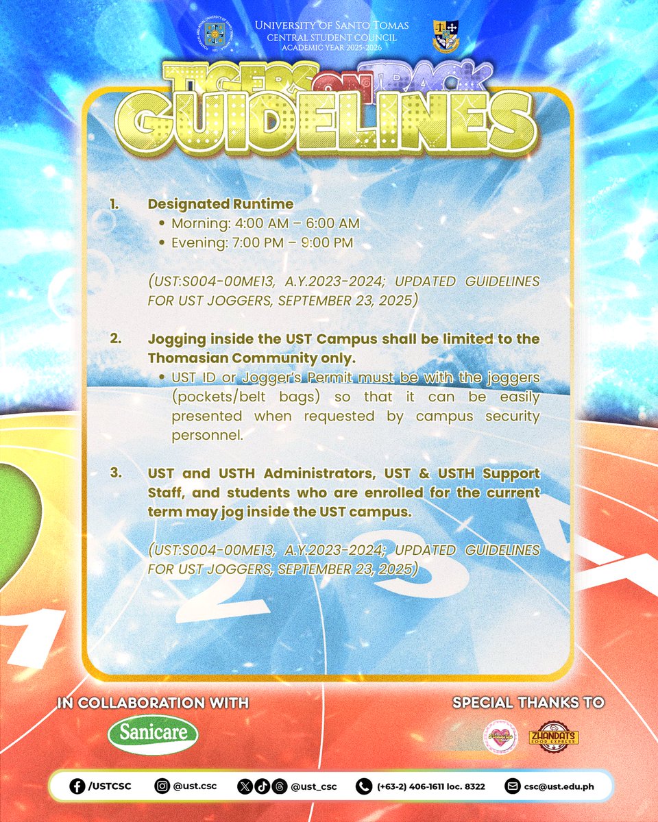 ust_csc's tweet image. From hydration reminders to lane etiquette, let’s keep our campus running spaces safe, clean, and inclusive for every Tiger.

Run responsibly. Move mindfully. 💪

#TigersOnTrack
#CSC2526

Illustration By: Liya Angco
Caption By: Ralph Catamora