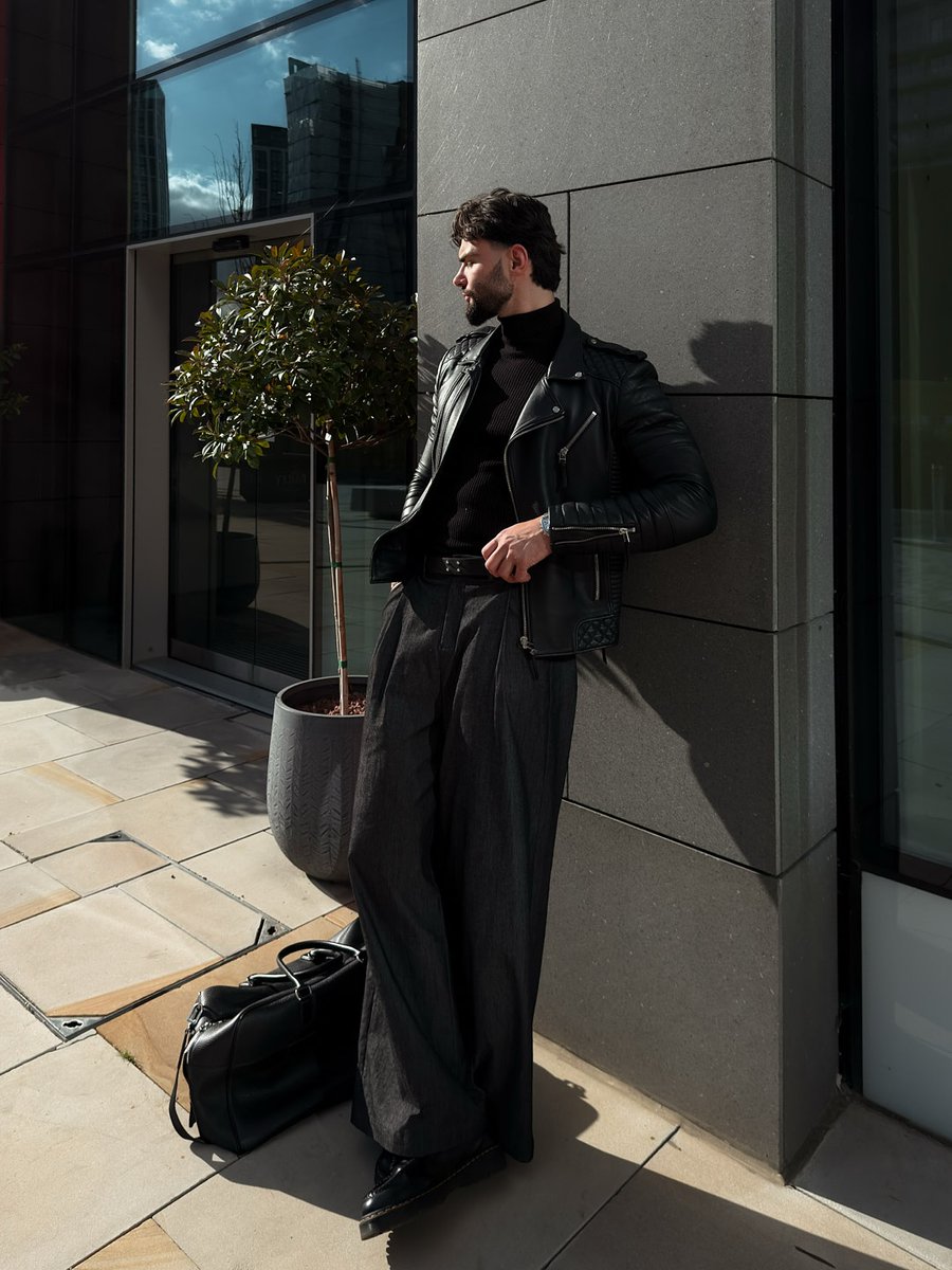BODASKINS's tweet photo. Light hits leather, and the day opens up.

@alexsaunes keeps it sharp on the streets of Manchester in our classic Kay Michaels jacket.

https://t.co/vZfZByfeov https://t.co/kI76sbA1KP