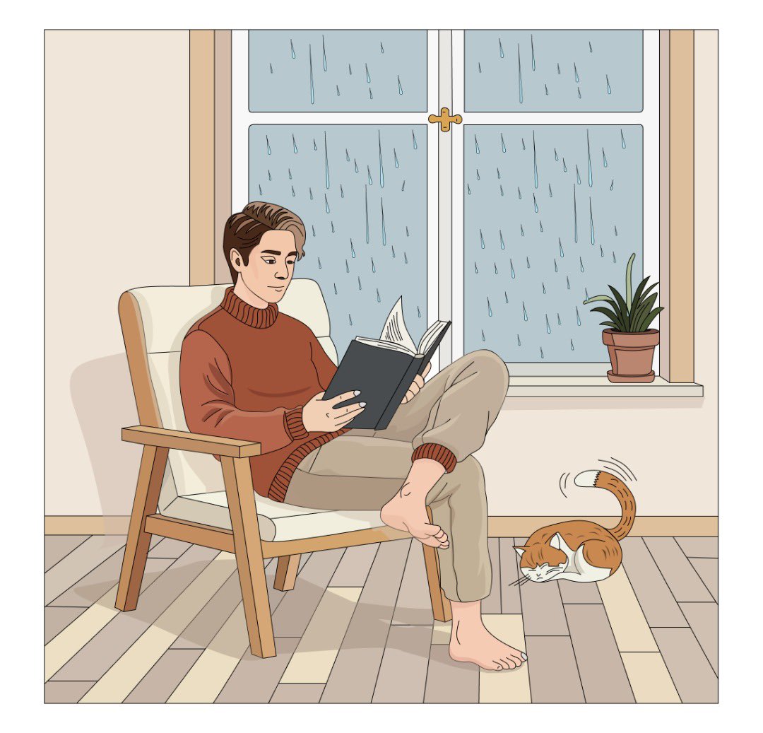 Deavvine's tweet image. Finished “Rainy Day Reading Corner” a cozy scene with rain on the window, a reader, and a sleepy cat. Felt easier thanks to what I learned from Project 1. Big thanks to @JosephBrendan, the @devanddesignhq and @LindaJo0812 for the guidance.
#Illustration #MotionDesign #Jitter