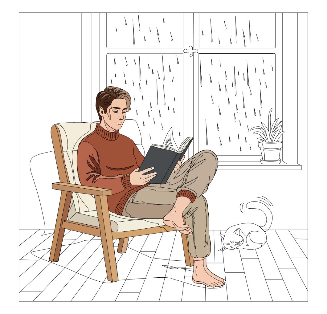 Deavvine's tweet image. Finished “Rainy Day Reading Corner” a cozy scene with rain on the window, a reader, and a sleepy cat. Felt easier thanks to what I learned from Project 1. Big thanks to @JosephBrendan, the @devanddesignhq and @LindaJo0812 for the guidance.
#Illustration #MotionDesign #Jitter