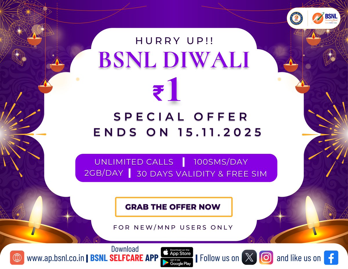 bsnl_ap_circle's tweet image. Hurry up!!
BSNL Diwali Rs.1 (FRC-1) Special Offer ends tomorrow.

FRC-Rs.1/-
Unlimited Calls
2GB/Day
100SMS/Day
Validity 30 Days &amp;amp;
Free SIM

For New/MNP customer only.

#BSNL #BSNLAP #BSNLDiwaliOffer #FRC-1