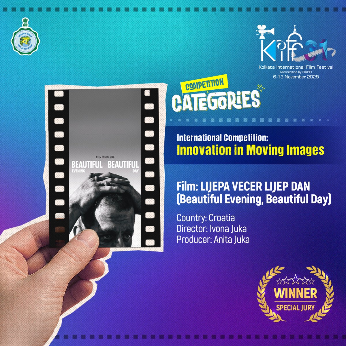 A Special Jury Mention goes to Lijepa Vecer Lijep Dan for its clarity, emotional precision and confident filmmaking. Recognition well-earned by director Ivona Juka and producer Anita Juka.

#KIFF2025 #31KIFF #KIFF #KolkataInternationalFilmFestival #FilmFestival #Bengal #Kolkata