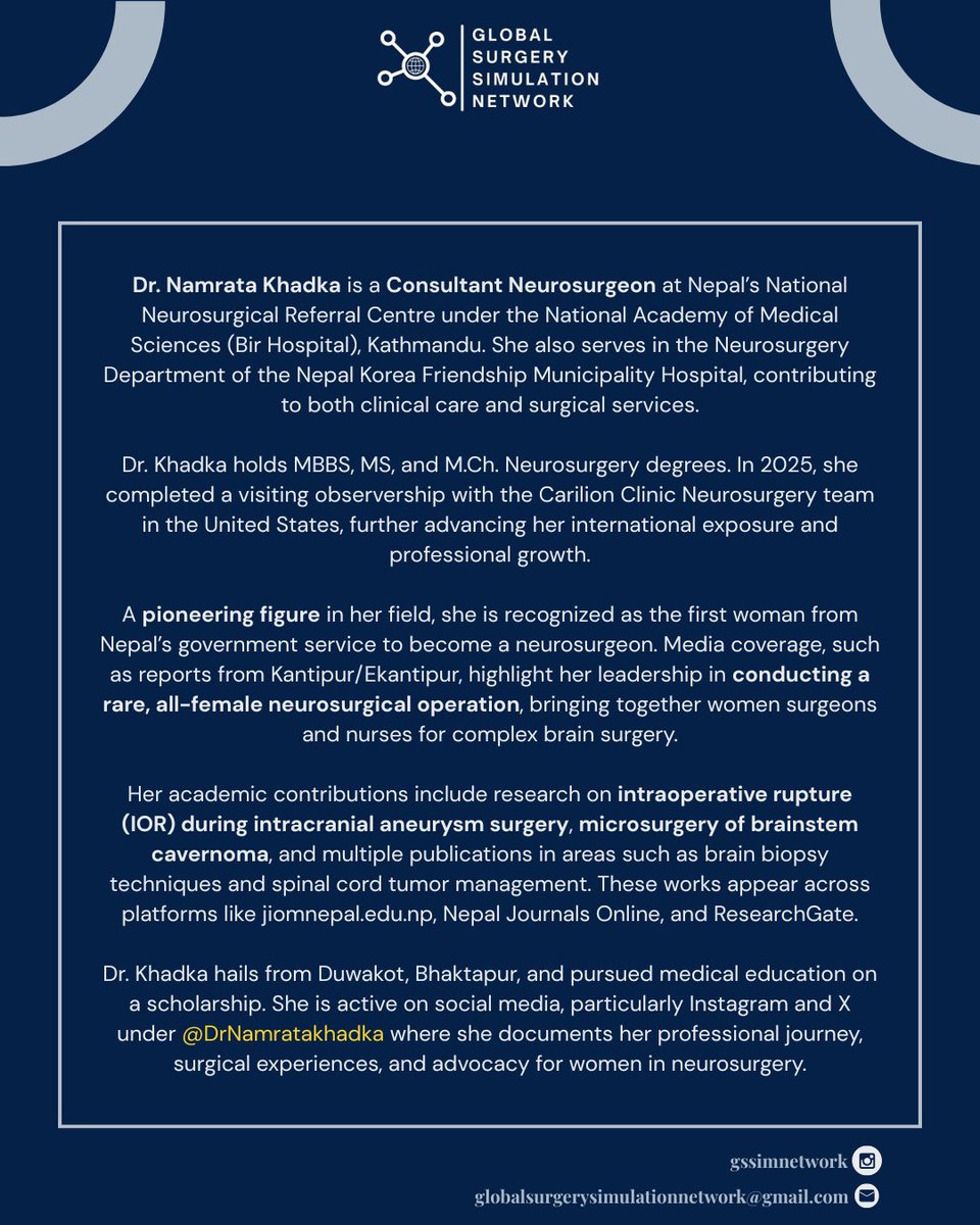 GSSimNetwork's tweet photo. 📣 GSSN presents: “Mentorship That Matters”

How women can support women in surgical careers plus key insights on epilepsy management for Epilepsy Month

🗓 18 Nov (Tuesday)
⏰ 8:00 p.m. NPT

🎤 Speaker: Dr. Namrata Khadka @DrNamratakhadka 

#GSSN #WomenInSurgery #Neurosurgery https://t.co/uNXxJuyk1O