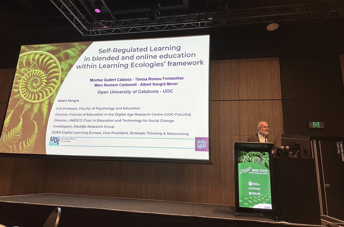 edulabTIC's tweet image. 🗣️@albert_sangra presented the research "Self-Regulated Learning in Blended and #OnlineEducation within #LearningEcologies Framework" in #ICDE 2025 World Conference, New Zealand #ICDEWC2025 🇳🇿

🔹@montseguitert @tromeu @mromerocar @UOCpsicoedu 

#researchUOC #Edulab #SuperRed