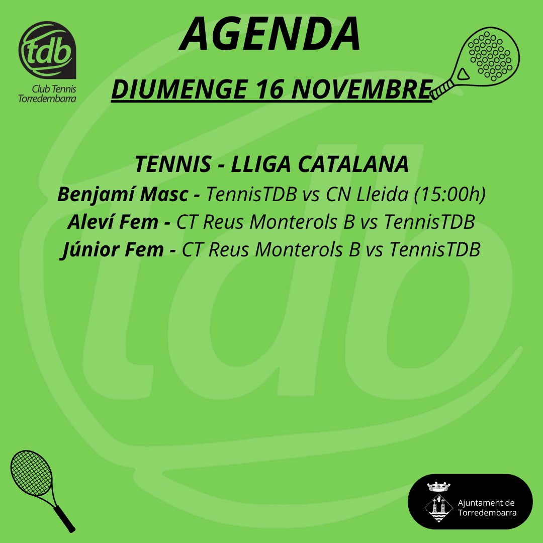 TennisTDB's tweet photo. CLUB | Aquí us deixem l'agenda dels enfrontaments i activitats del TennisTDB per a aquest proper cap de setmana #Torredembarra #TDBésEsport https://t.co/VLwRjB6qYo