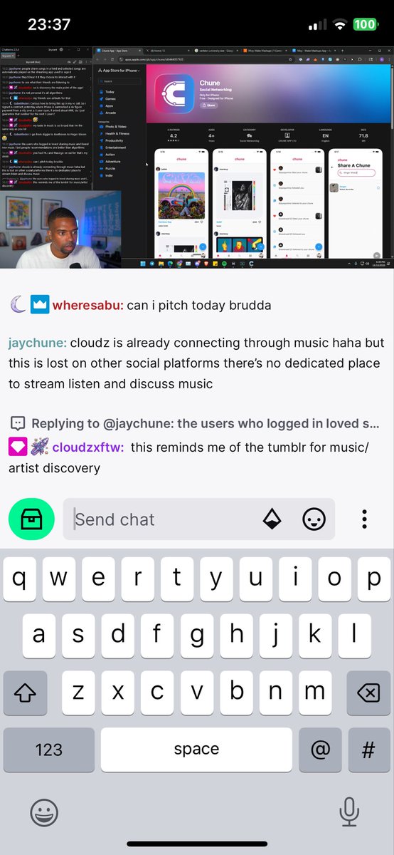JAYCHUNE's tweet image. Jumped on a twitch stream for the first time this morning (2am London time) with @brycent_ &amp;amp; pitched @Chune_App 

Thanks again for the opportunity, he thought the idea is dope and is now following the journey 🙌

#staychuned 🧠