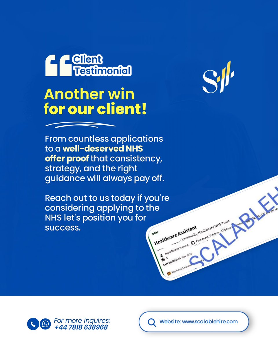 Scalablehire's tweet image. Another NHS offer secured!
This client stayed consistent, followed the strategy, and got the result they deserved.

Thinking of applying to the NHS too?
Comment “NHS” or send a DM — I’ll share the exact steps we use to help clients win.