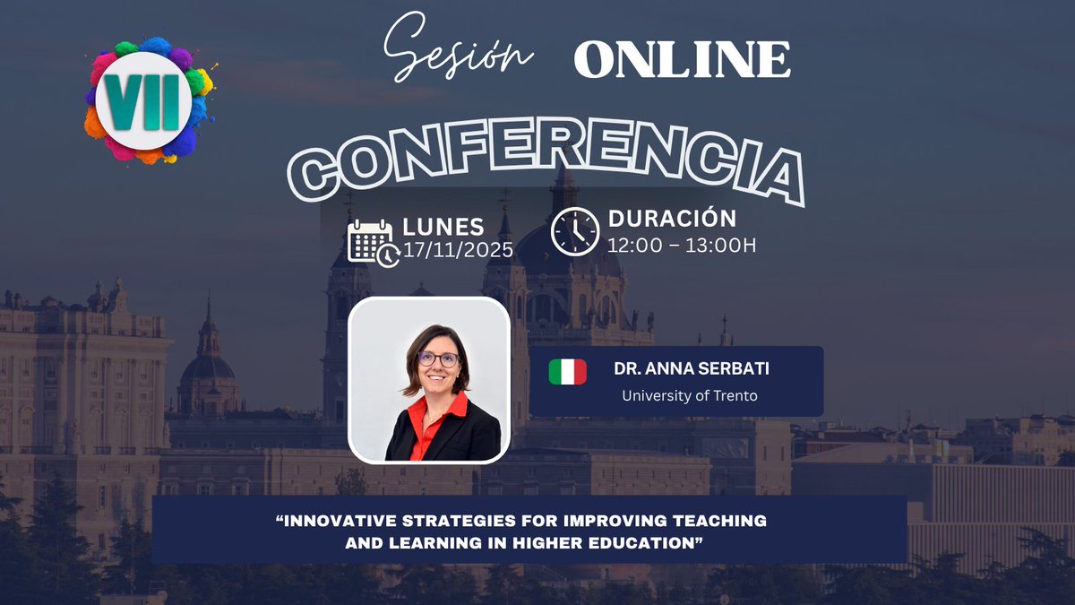 cidico's tweet photo. 🗓 17/11/2025
⏰ 12:00 – 13:00h
🌐 Modalidad online
👤 Ponente invitada: Dra. Anna Serbati. University of Trento.
¡Continuamos con la Conferencia de la Dra. Anna Serbati, “INNOVATIVE STRATEGIES FOR IMPROVING TEACHING AND  LEARNING IN HIGHER EDUCATION”! ¡No te la puedes perder! 😃 https://t.co/YY71VEUuII